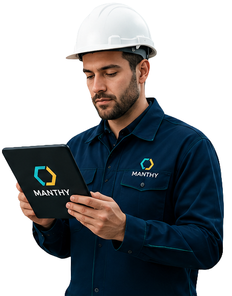 Técnico Manthy trabajando con tablet en terreno